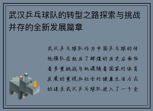 武汉乒乓球队的转型之路探索与挑战并存的全新发展篇章