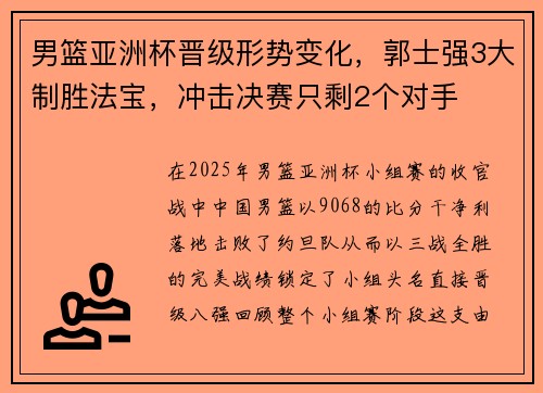男篮亚洲杯晋级形势变化，郭士强3大制胜法宝，冲击决赛只剩2个对手